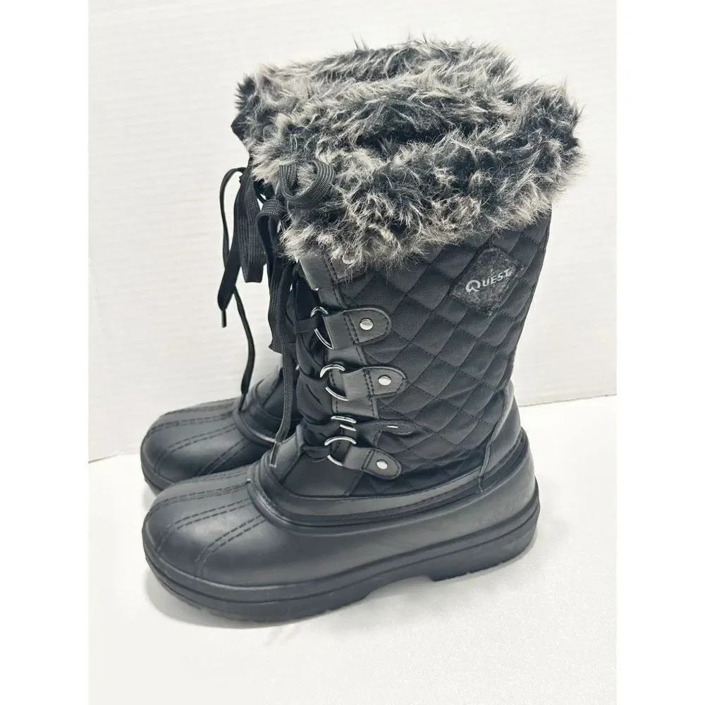 Quest Powder Winter Snow Boots Faux Fur Collar 3M Insulated Rubber Boots Black 7